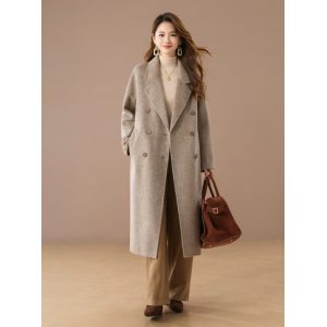 Mocha women's double-faced wool coat with notched lapel, double-breasted, long length, and waist-tie for autumn/winter new collection